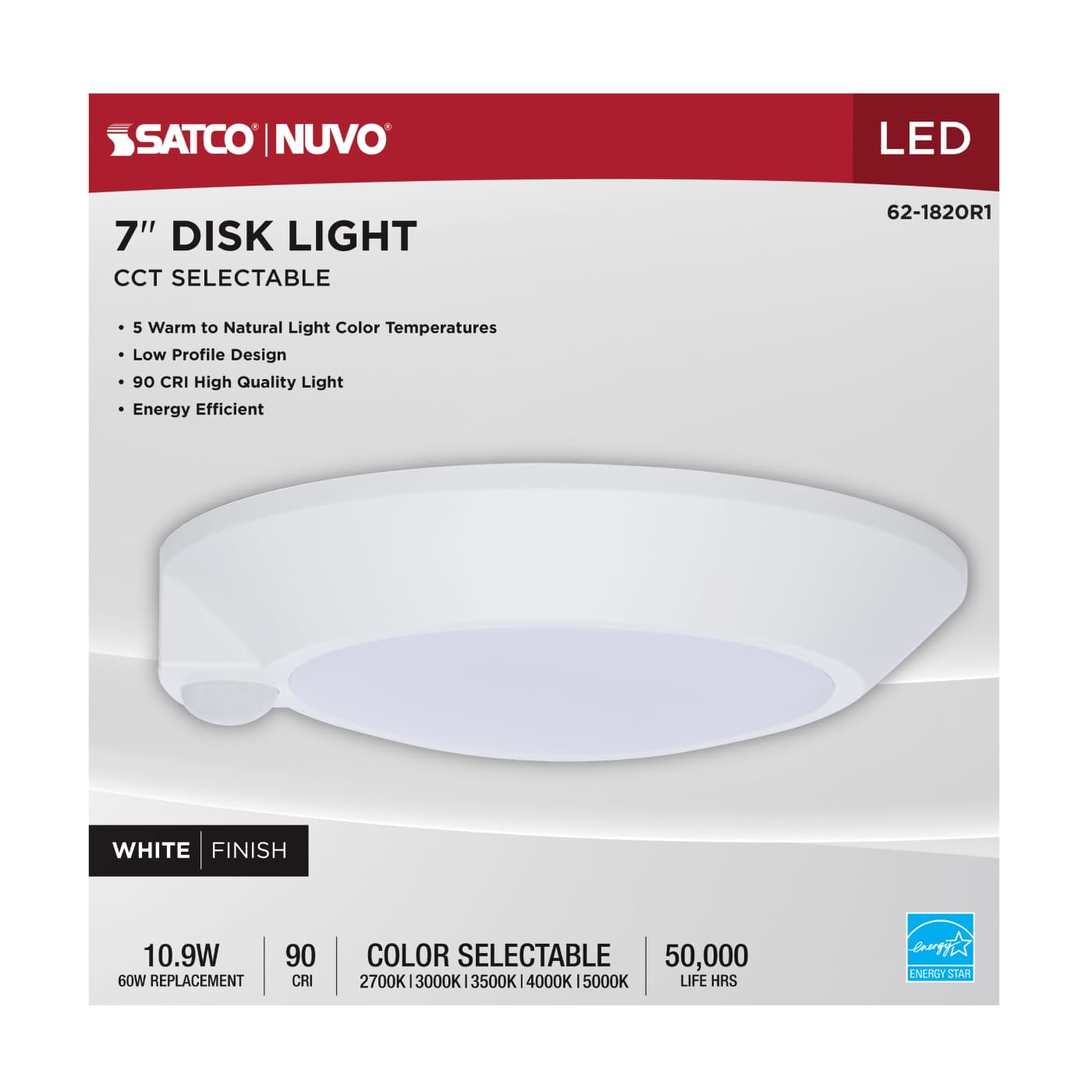 White 7-inch LED ceiling disk light with occupancy sensor, adjustable CCT options from 2700K to 5000K, by Satco.