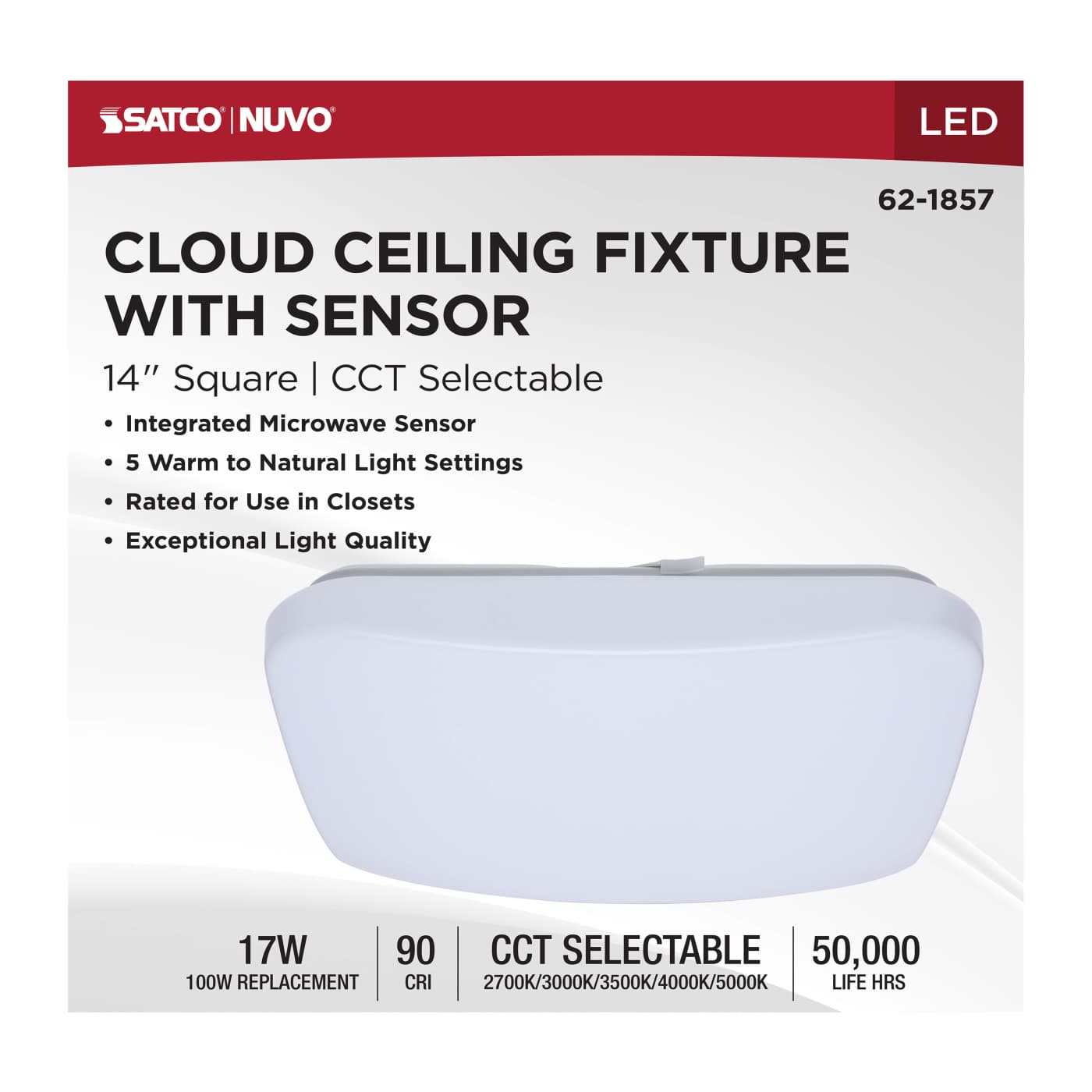 Square 14-inch LED cloud fixture with sensor, 17W, adjustable CCT, for indoor lighting by Satco.