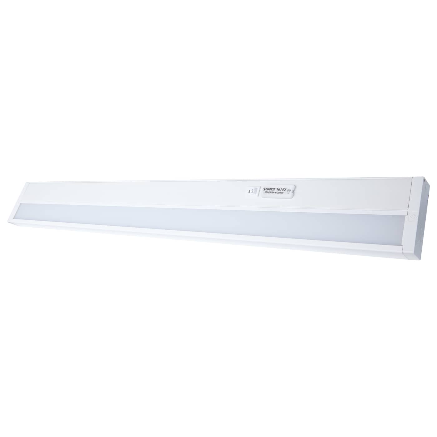 Satco 34-inch LED under cabinet light with RGB and tunable white, white finish, ideal for kitchen or workspace lighting.