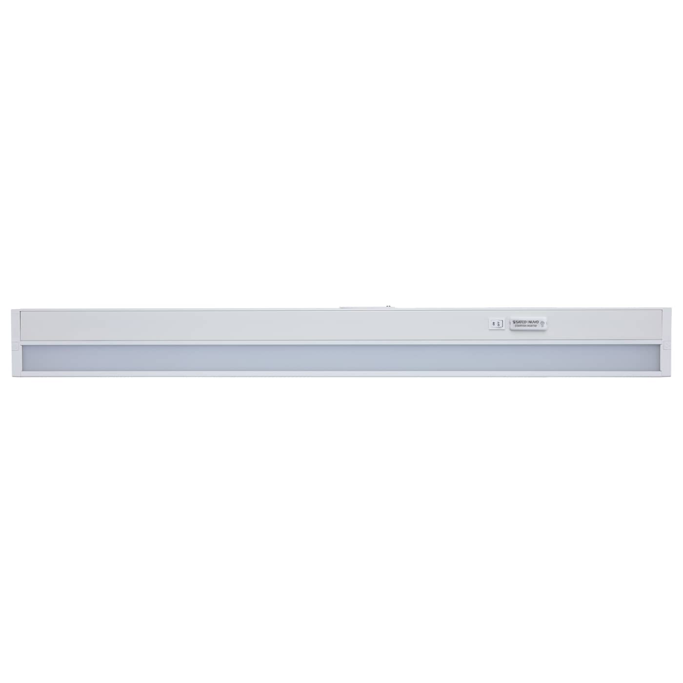 Satco 34-inch LED under cabinet light with RGB and tunable white, white finish, ideal for kitchen or workspace lighting.