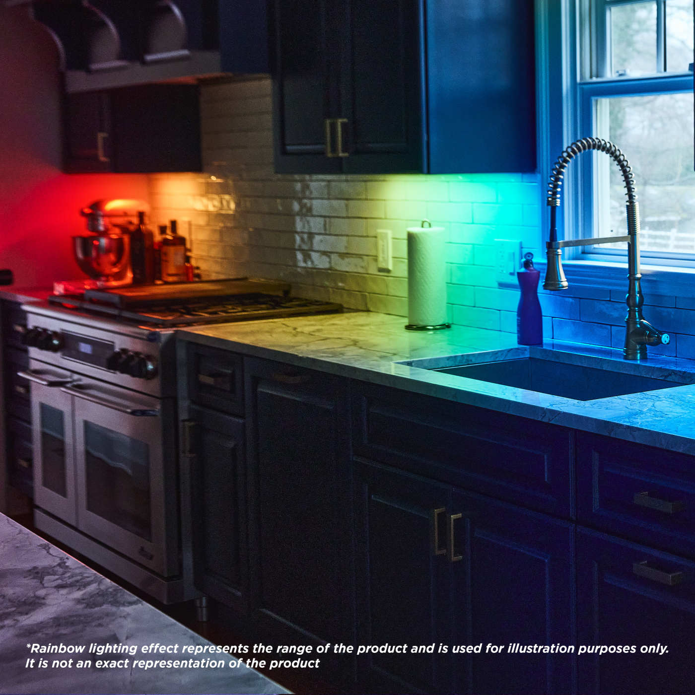 Satco 34-inch LED under cabinet light with RGB and tunable white lighting in a white finish, ideal for kitchen or display areas.