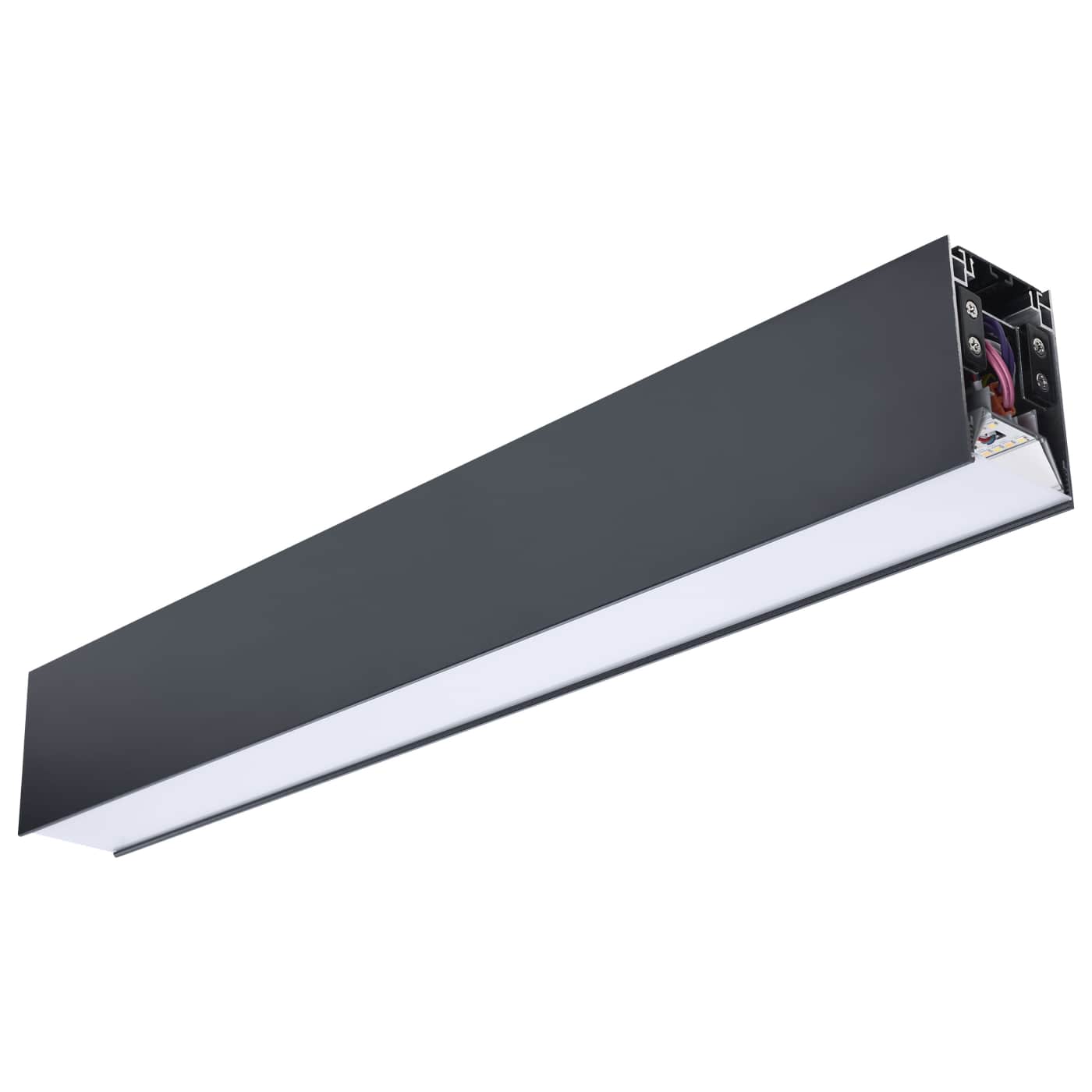 Black 2-foot LED architectural linear strip fixture from Satco with up and down CCT adjustable lighting for ceilings.