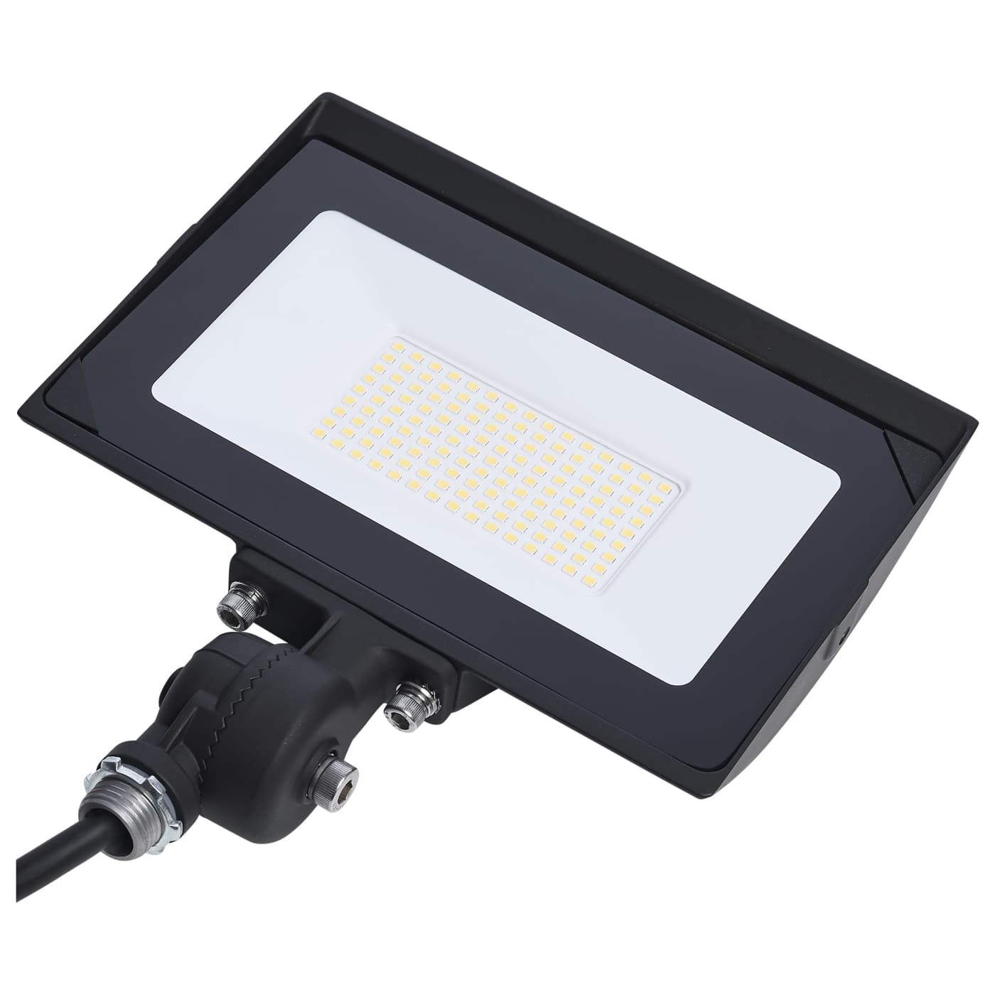 Satco LED 80W flood light with bronze finish, tempered glass lens, 5000K color temperature, outdoor lighting for security and landscape.
