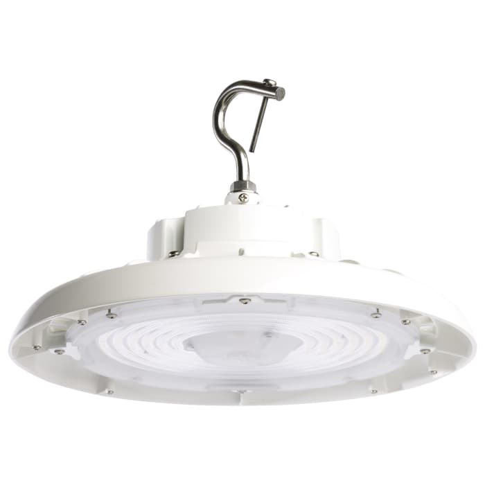 Satco 100W UFO LED High Bay fixture in white, 5000K color temperature, 14400 lumens, suitable for 120-277V lighting applications