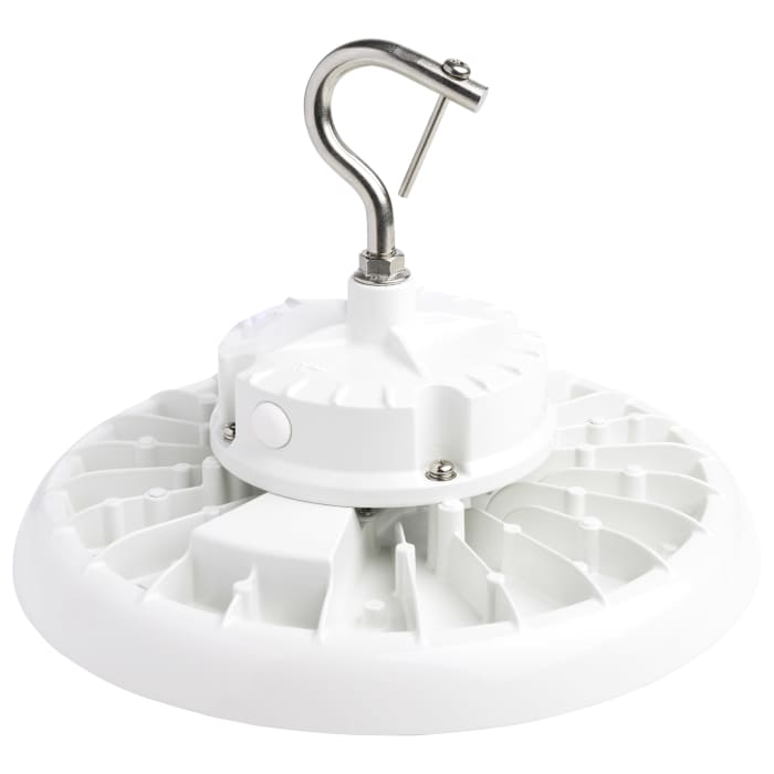 Satco 100W UFO LED High Bay fixture in white, 5000K color, 14400 lumens, suitable for 120-277V industrial lighting.