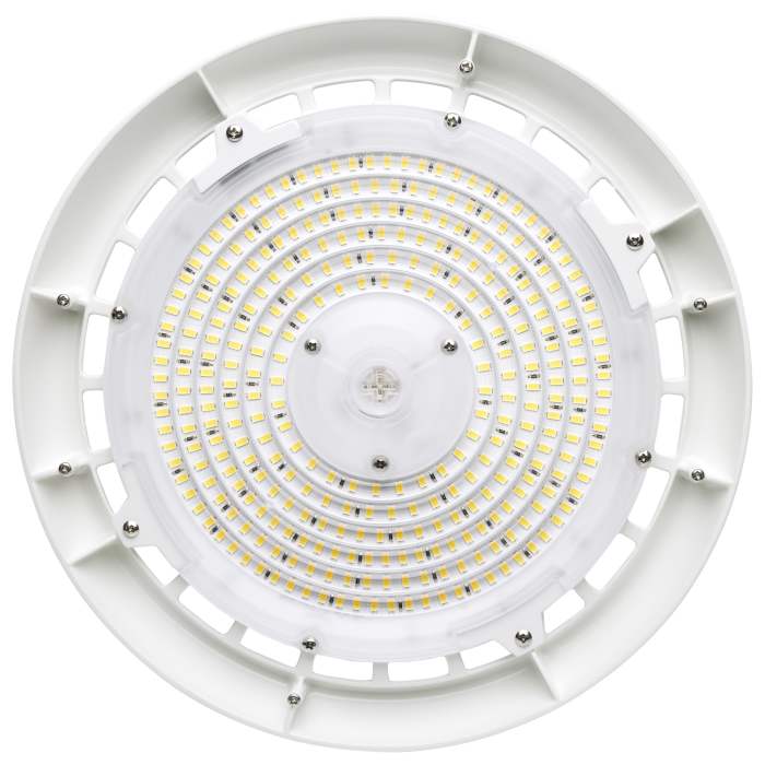 Satco 100 Watt UFO LED high bay fixture in white finish with 14400 lumens, 5000K color temperature, suitable for industrial lighting