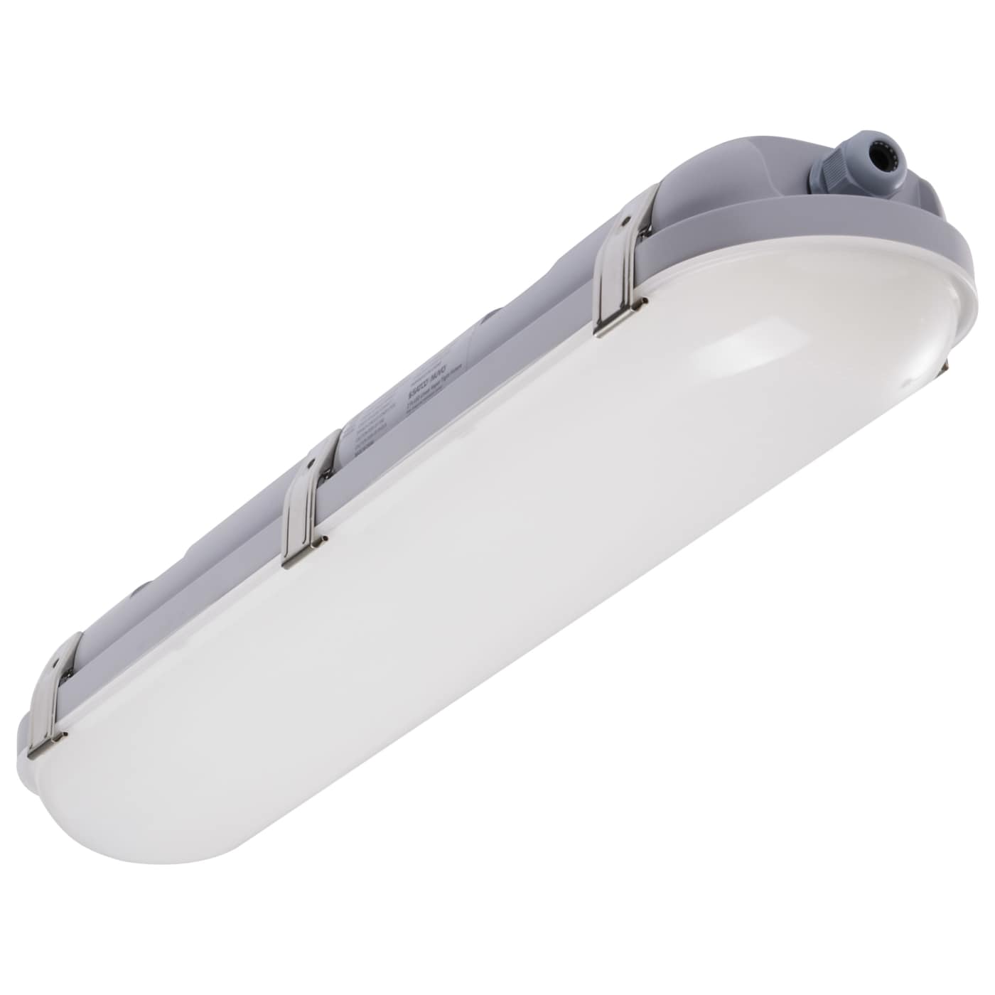 Satco LED 20W 2-foot vapor-proof fixture with emergency battery and CCT selectable, ideal for commercial lighting applications.
