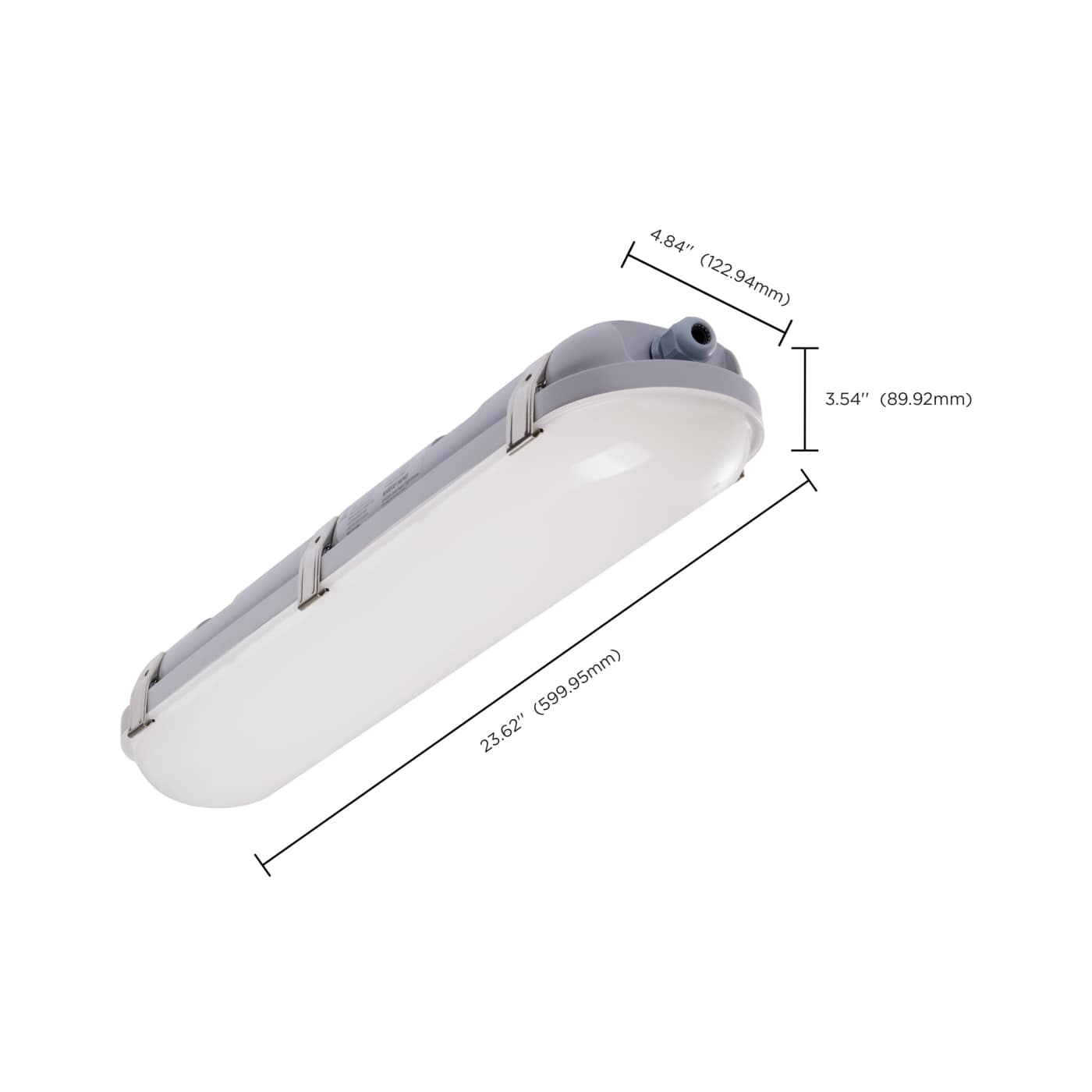 Satco LED 20W vapor proof fixture with emergency battery and CCT selectability, suitable for 120-347V environments.