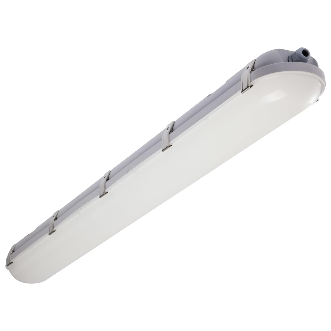 Satco LED 4-foot vapor proof fixture with emergency battery and CCT selectable lighting for commercial or industrial use.