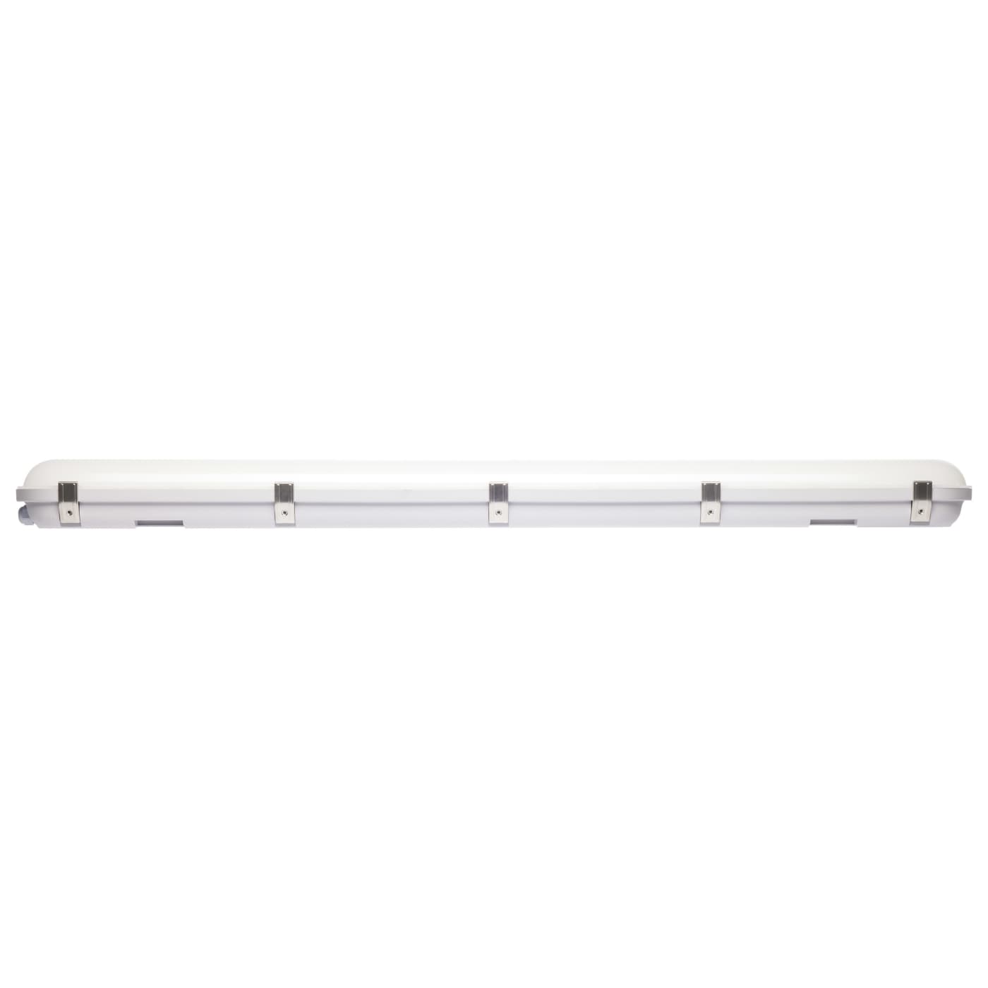 Satco LED 4-foot vapor-proof fixture with emergency battery and CCT selectable, suitable for 120-347V lighting applications.