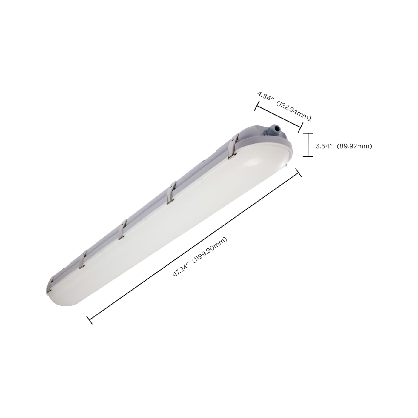 Satco LED 4-foot vapor proof fixture with emergency battery and CCT selectable, ideal for industrial and commercial lighting.