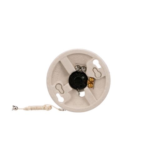 White Eaton porcelain pull chain ceiling socket with medium base, 660W, 250V, suitable for wiring devices by Cooper.