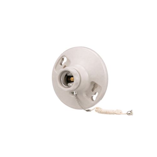 White porcelain pull chain ceiling socket by Eaton, 660W, medium base, suitable for 250V wiring devices by Cooper.
