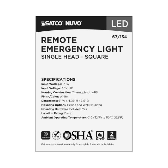 Remote Emergency Light, Low-Voltage Backup, Single Head; White Finish - Satco