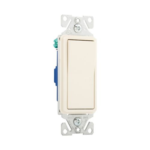 Eaton 15A standard decorator switch in light almond, mounted on wall, showing wiring device for home electrical control.