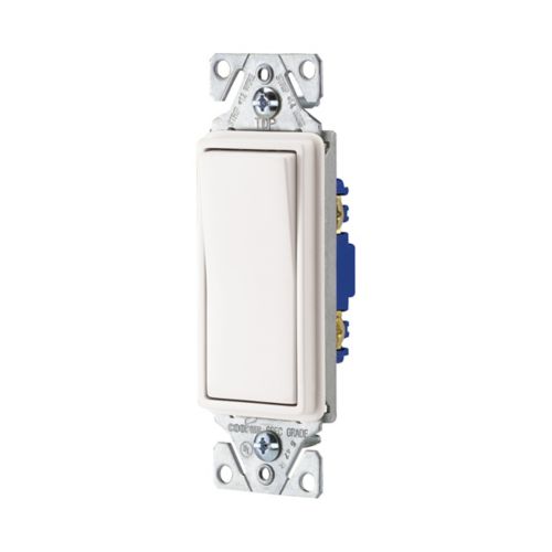 White Eaton 15A standard decorator switch by Cooper, designed for 120/277V wiring devices, with toggle and wall plate visible