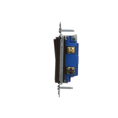 Eaton Premium brown 15A 3-way decorator switch by Cooper, showing the switch with wiring terminals and mounting plate.