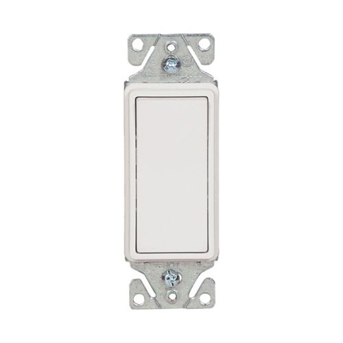 White Eaton 15A standard grade 3-way decorator switch by Cooper, showing the switch with mounting hardware and wiring terminals.