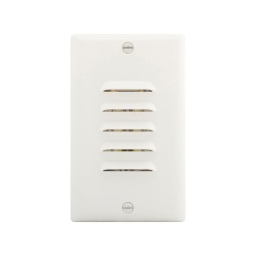 White LED step light with vertical and horizontal louvered faceplates, 15A, 120V, by Cooper, for indoor stair and pathway illumination.
