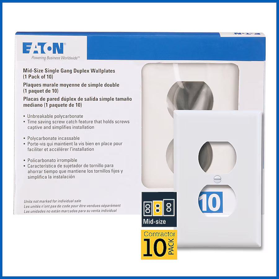 Cooper Eaton mid-size white single duplex wallplate for wiring devices, shown in a box of 10.