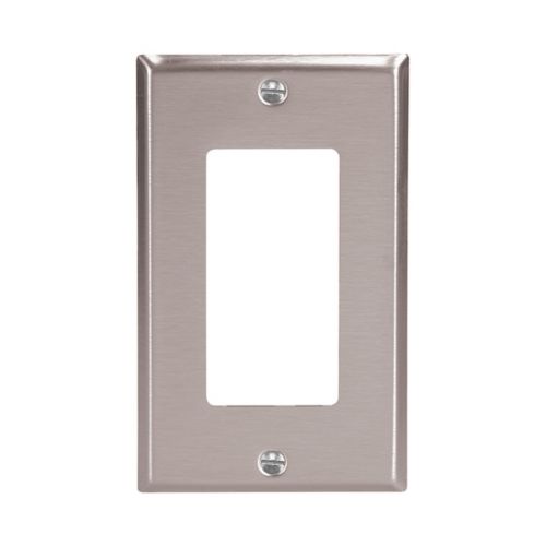 Eaton stainless steel decorator GFCI wallplate for single-gang wiring devices, by Cooper, with a sleek, modern finish.