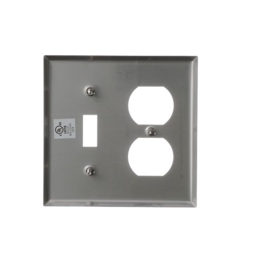 Eaton stainless steel wallplate with toggle switch and duplex receptacle cutout for wiring devices by Cooper