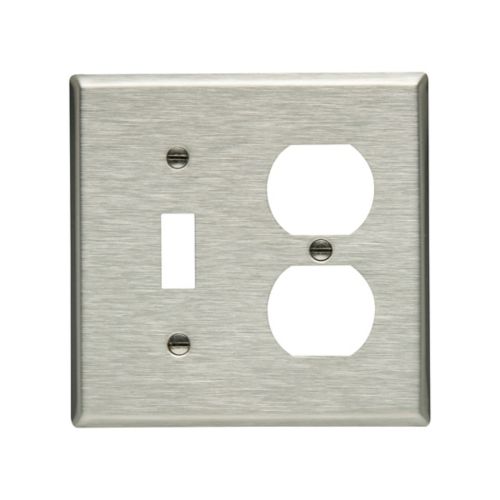 Eaton stainless steel combination wallplate with toggle switch and duplex receptacle cutout for wiring devices by Cooper