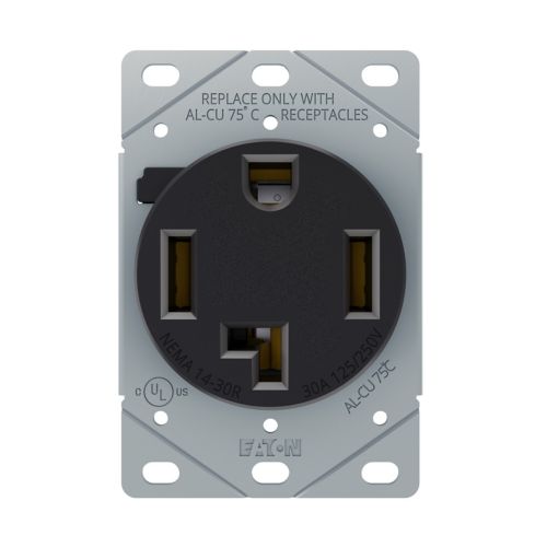 Black Eaton flush mount 30A receptacle for heavy-duty wiring, rated 125/250V, by Cooper, designed for durable electrical connections.