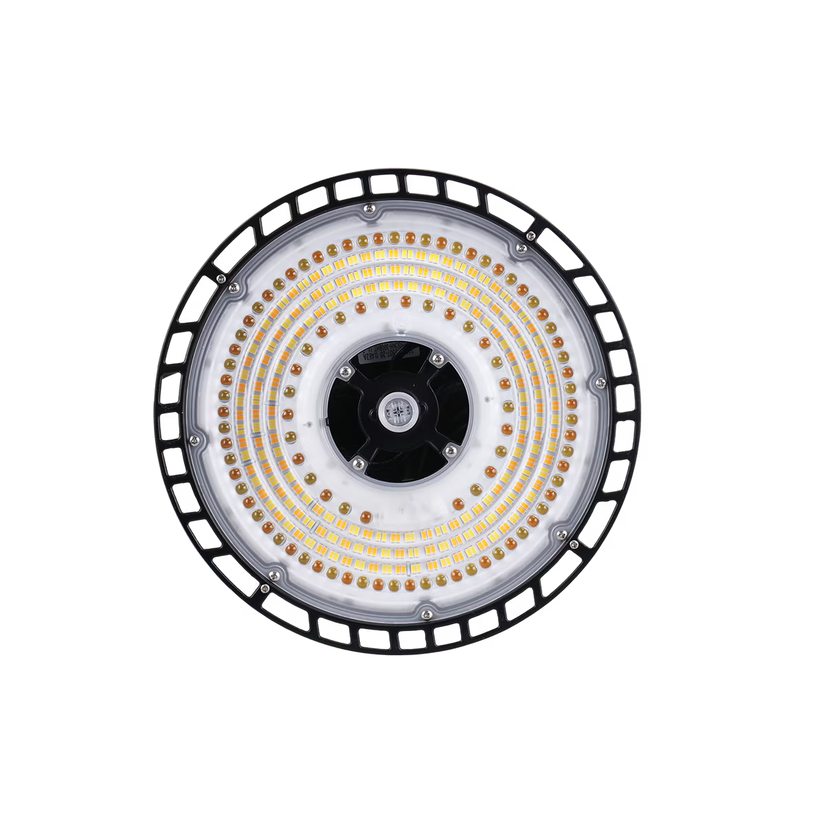 Eiko LED black round high bay light with PowerSET 150/120/100 and OpticSET 60/90, featuring adjustable color temperature.