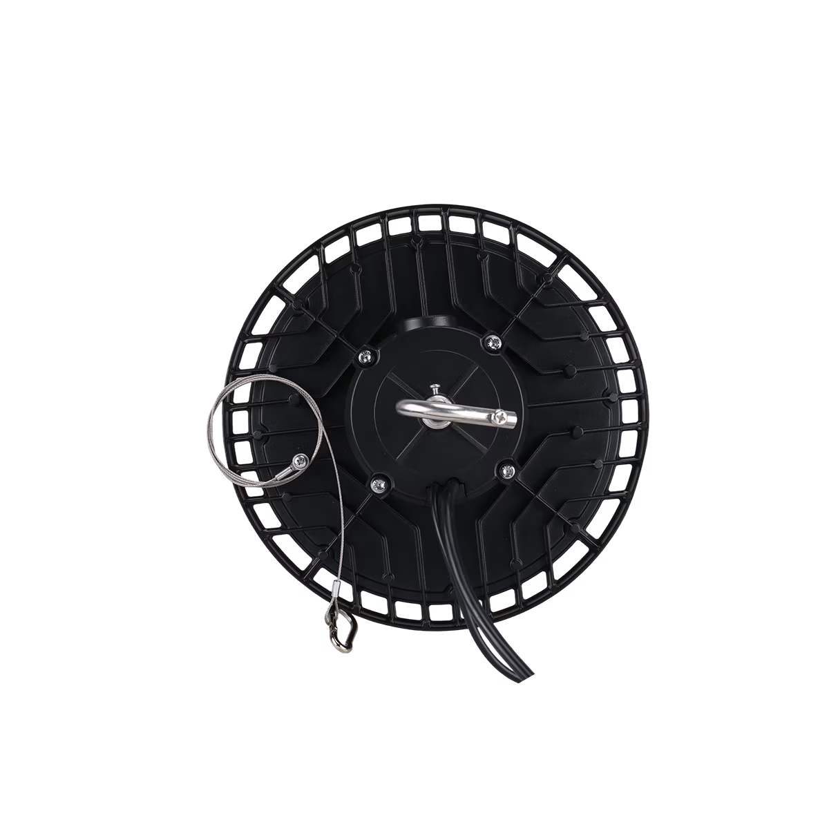 Eiko LED black round high bay light with PowerSET 150/120/100 and OpticSET 60/90, featuring adjustable CCT for industrial lighting.