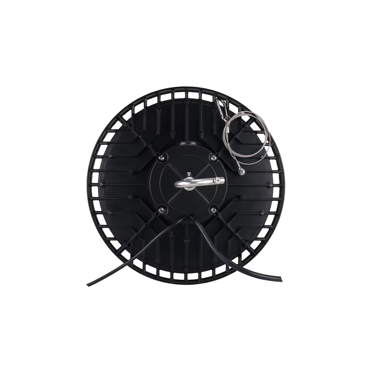 Eiko LED black round high bay fixture with 150W, 200W, or 240W options and adjustable optic and CCT settings.