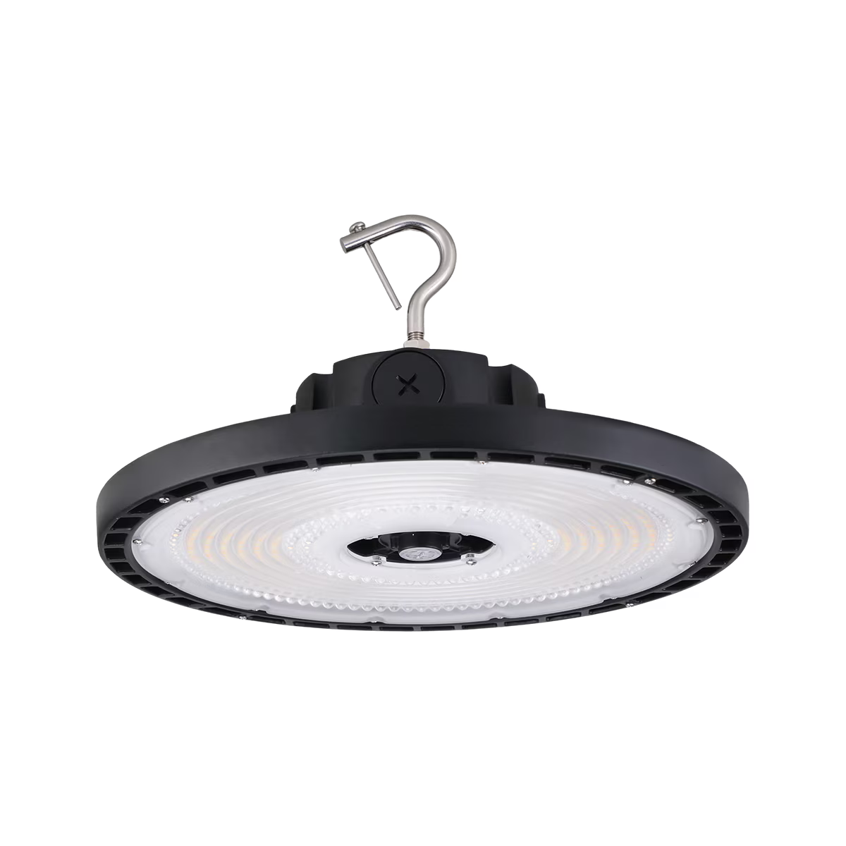 Eiko LED black round high bay fixture with 200/240/300W power, optic options 60/90, and adjustable CCT lighting for industrial spaces