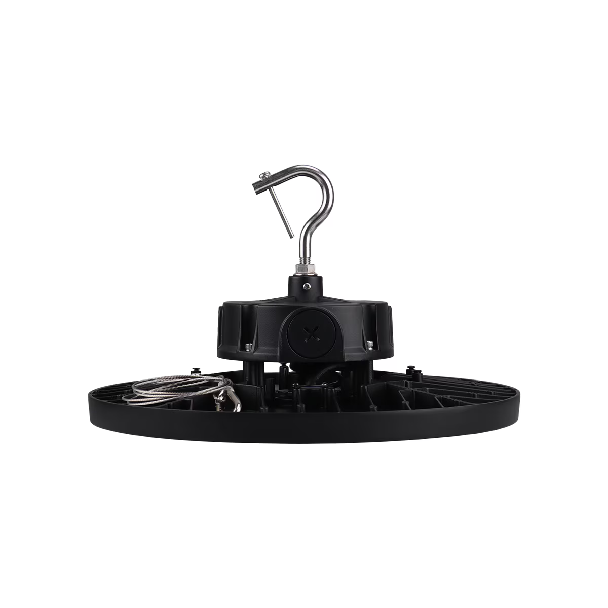 Eiko LED Black Round High Bay fixture with 200-300W power, optic options, and adjustable color temperature for commercial lighting.