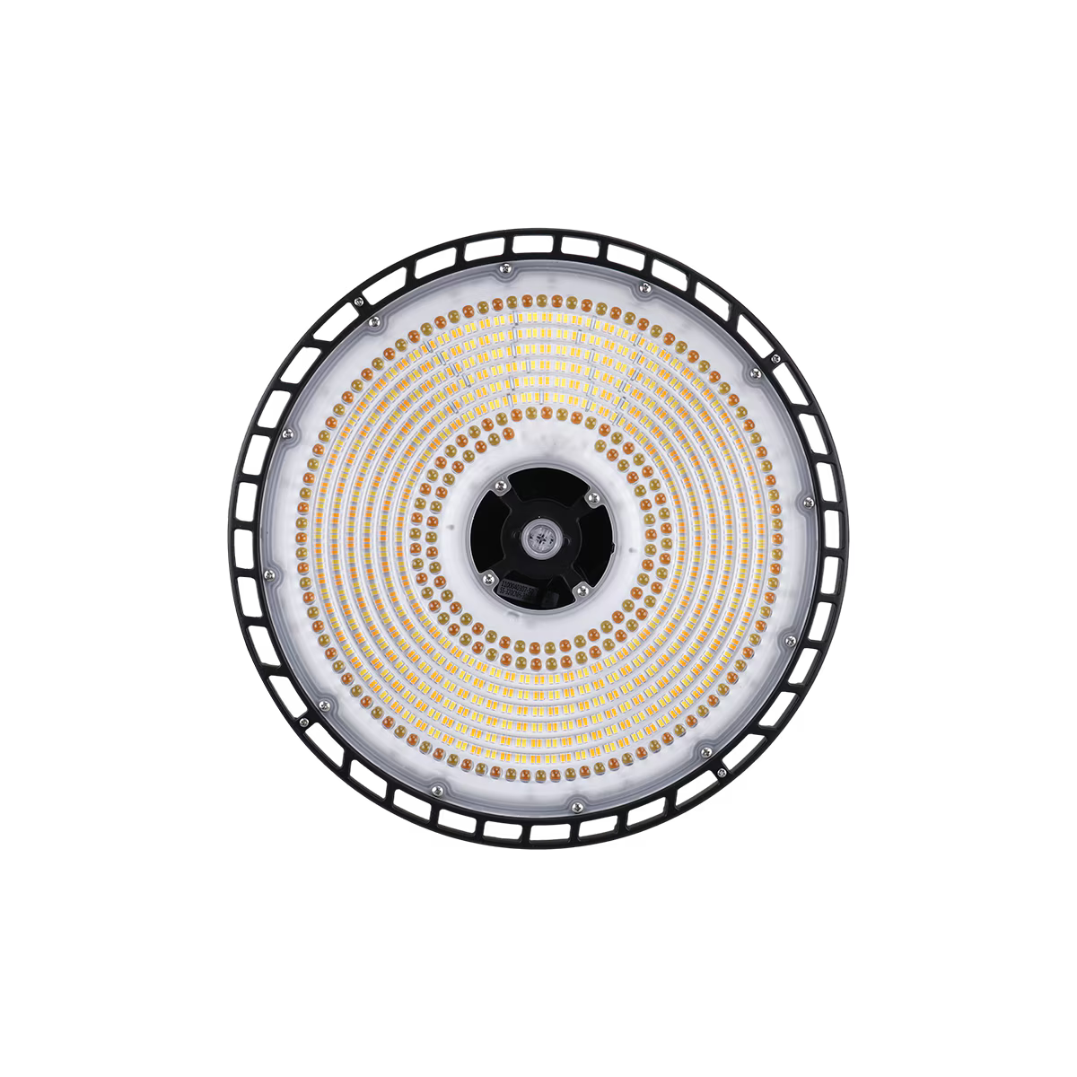 Eiko LED black round high bay fixture with 200/240/300W power, optic options 60/90, adjustable CCT, suitable for industrial lighting