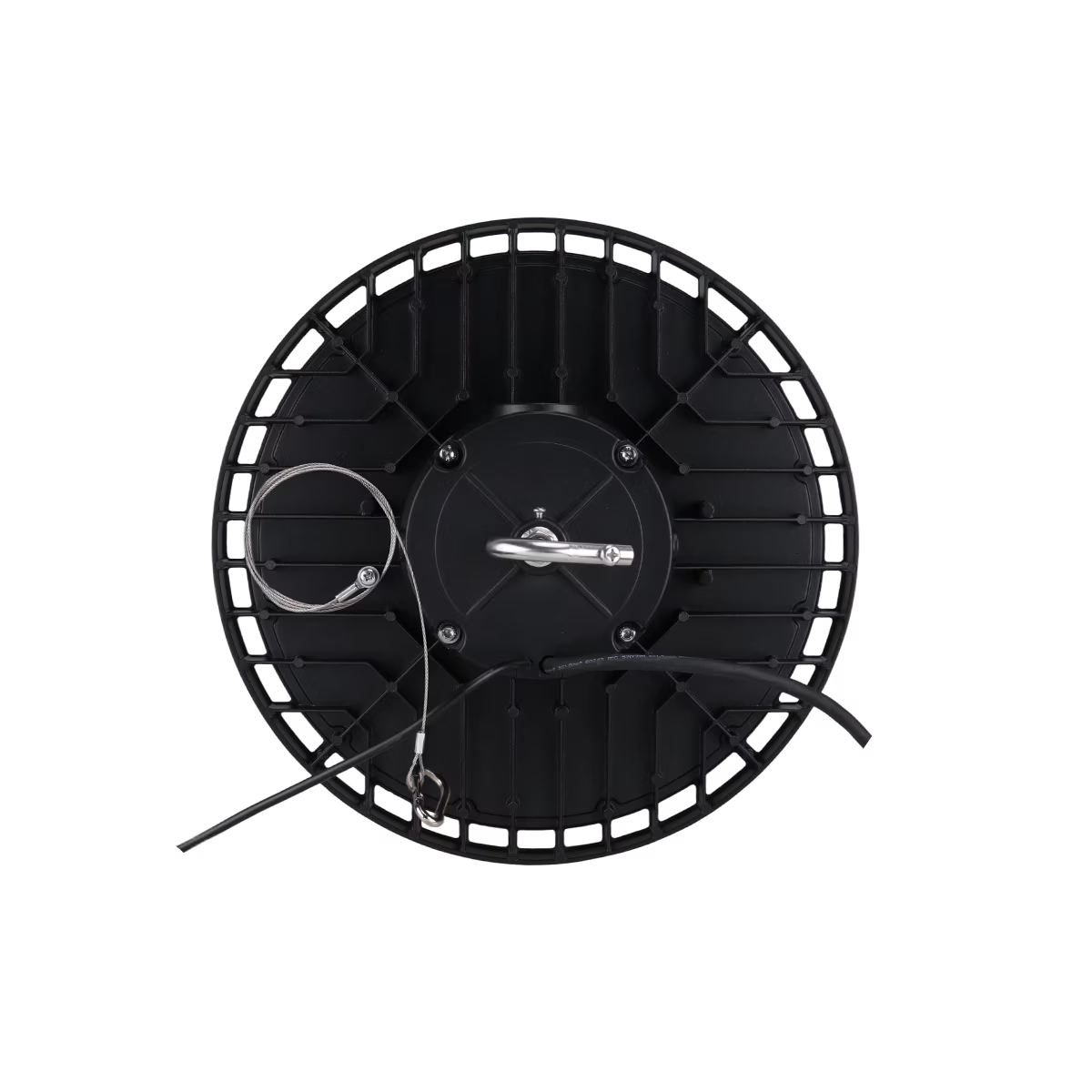 Eiko LED black round high bay fixture with 200-300W power, optic options 60/90, adjustable CCT, suitable for industrial lighting.