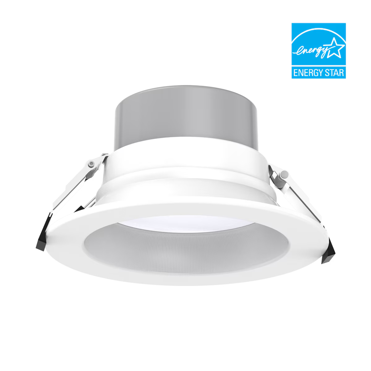 Eiko LED 8-inch commercial downlight with wattage and color select, 120-277V, installed in ceiling for bright, efficient lighting.