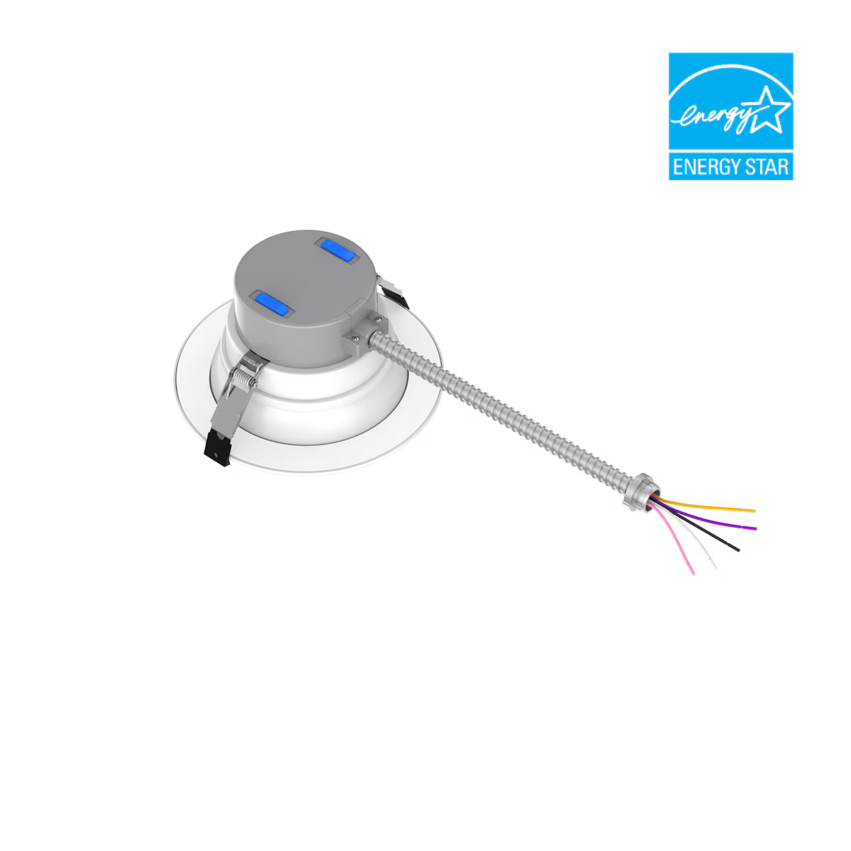 Eiko LED 8-inch commercial downlight with adjustable wattage and color, suitable for 120-277V lighting installations.