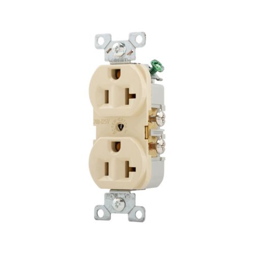 Eaton 20A ivory duplex receptacle, wiring device by Cooper, shown in a box of 10 for electrical wiring and outlet installation