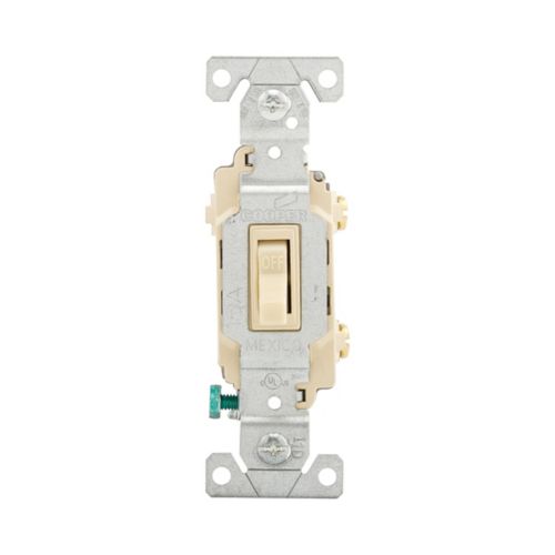 Eaton 15A commercial ivory toggle switch for flush mount wiring, 120/277V, by Cooper, shown installed in electrical wall.