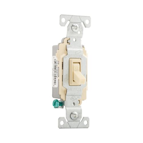 Eaton 15A Ivory Commercial Toggle Switch for 120/277V, flush mount wiring device by Cooper with on/off toggle and electrical connections.
