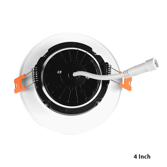 Nicor 4-inch LED gimbal recessed downlight in white with adjustable CCT, ideal for retrofit lighting installations.
