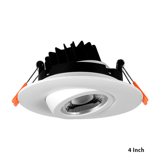 Nicor 4-inch LED gimbal recessed downlight in white with CCT adjustable feature, shown in a close-up view of the tilt mechanism.