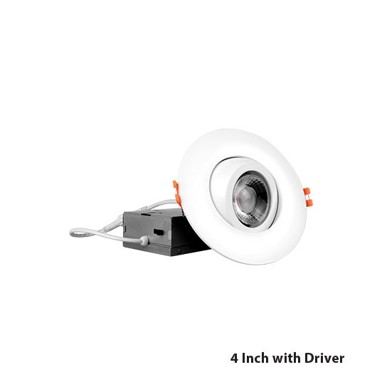 White 4-inch LED gimbal recessed downlight from Nicor, featuring adjustable tilt and CCT options for versatile lighting.