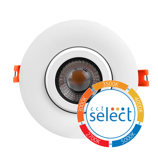 Nicor 4-inch LED gimbal recessed downlight in white with CCT adjustment, ideal for retrofit lighting in ceilings.