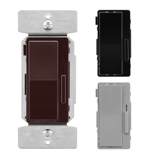 Eaton Decorator 120V universal dimmer switch with preset, brown/gray/black finish, for wiring devices and lighting control.