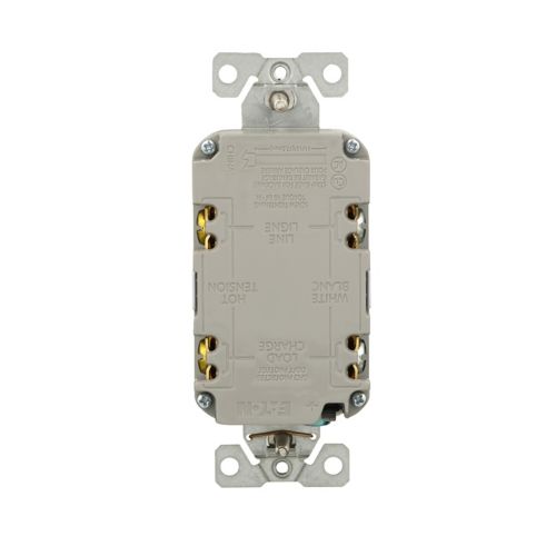 Eaton Cooper Self-Test GFCI outlet, 15A, 125V, white with slim design, for electrical wiring safety and protection