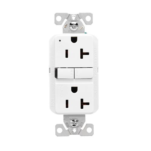 Eaton Cooper 20A 125V white GFCI outlet with self-test feature and slim design for wiring devices.
