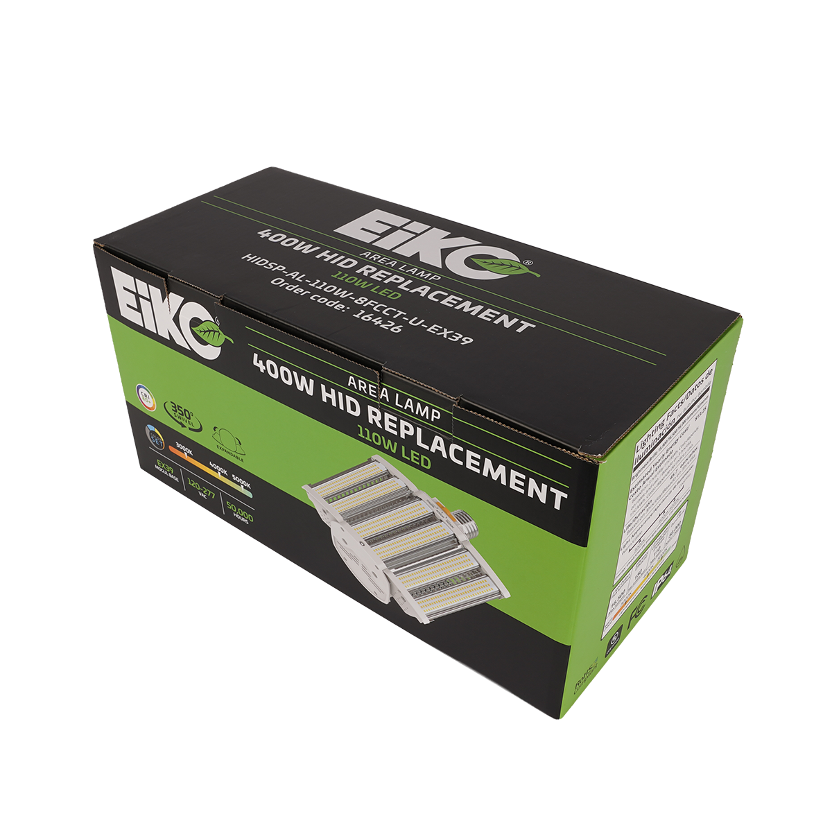EIKO LED HID replacement area lamp with EX39 base, 3000K, 4000K, or 5000K color options, suitable for 120-277V outdoor lighting.