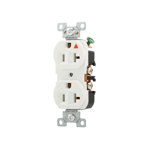 White Cooper 20 Amp duplex receptacle with isolated ground for industrial wiring, 125V, durable electrical wiring device.