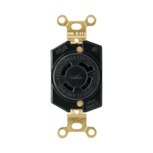 Eaton 20A locking receptacle with back wiring, #18-10 AWG, industrial-grade, 125/250V, showing electrical connectors and brand label.